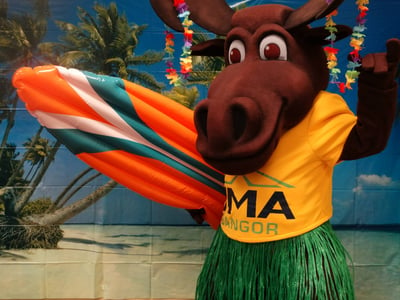 University of Main Augusta Moose Mascot at Hawaiian Themed Day