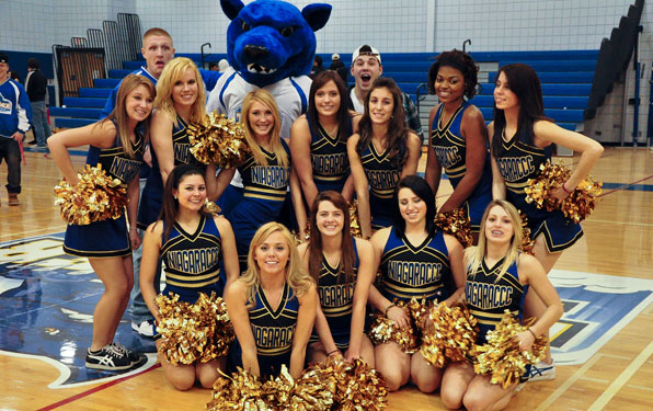 NCCC Custom Made Thunderwolf Mascot with cheerleaders